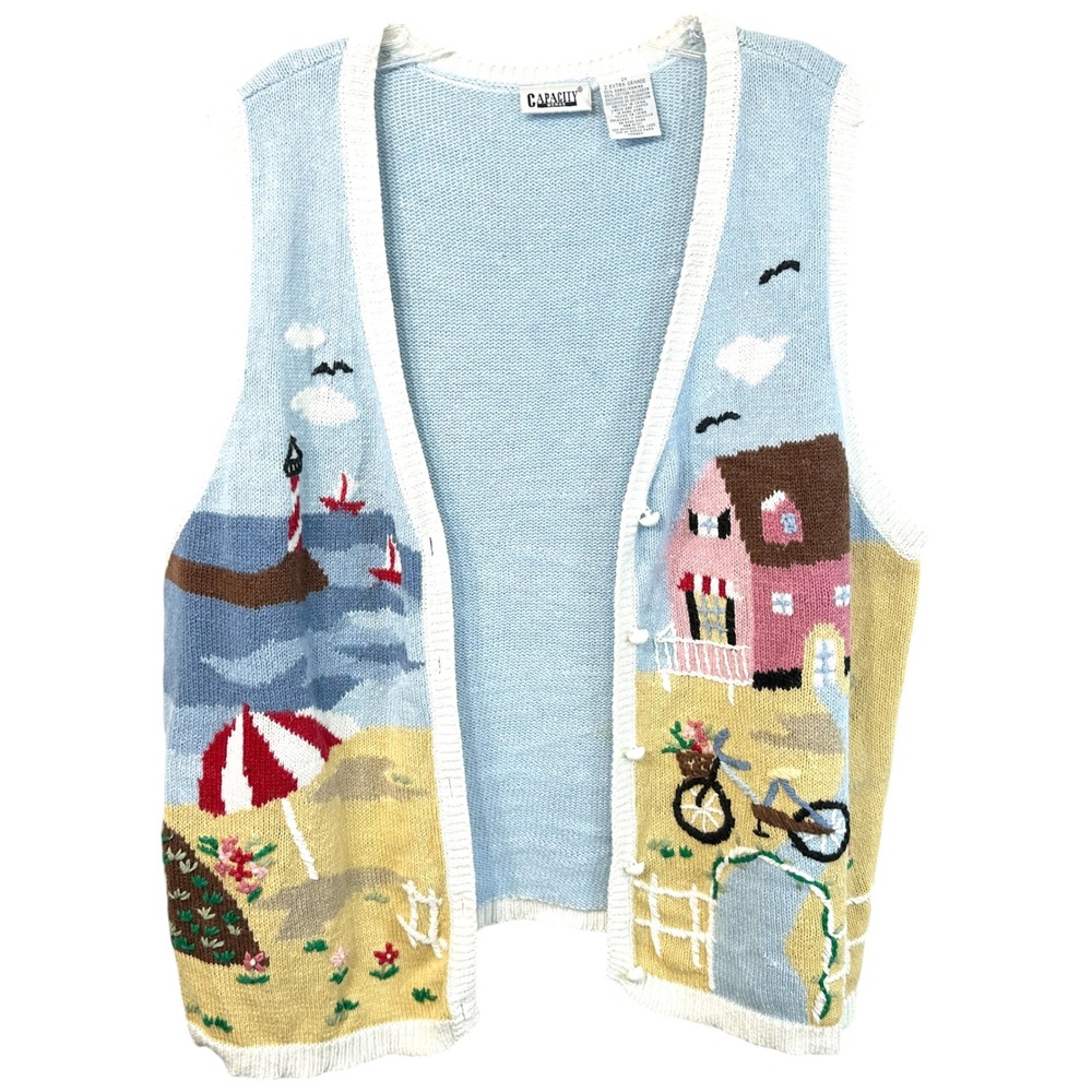 VTG Capacity Nautical Sweater Vest Plus Size 2X Coastal Beach Lighthouse 1529